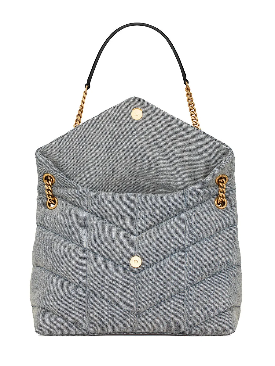 Denim and Smooth Leather Puffer Medium Chain Bag