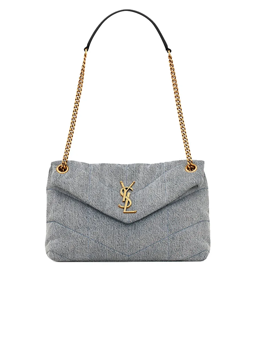 Denim and Smooth Leather Puffer Small Chain Bag