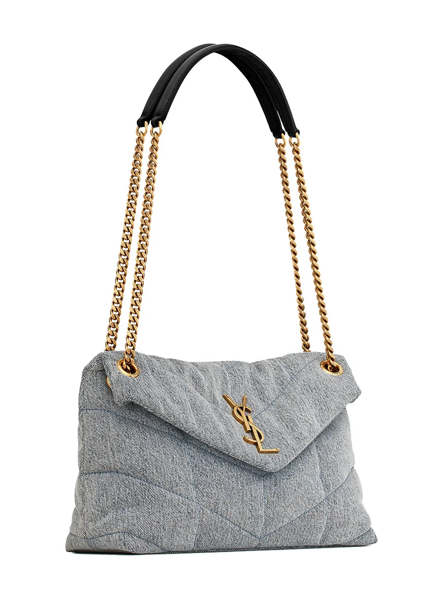 Denim and Smooth Leather Puffer Small Chain Bag