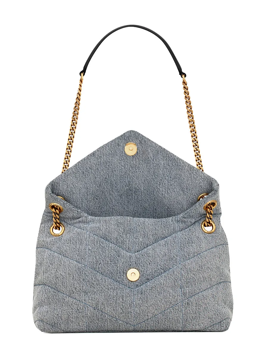 Denim and Smooth Leather Puffer Small Chain Bag