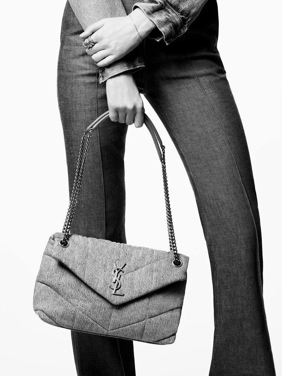 Denim and Smooth Leather Puffer Small Chain Bag