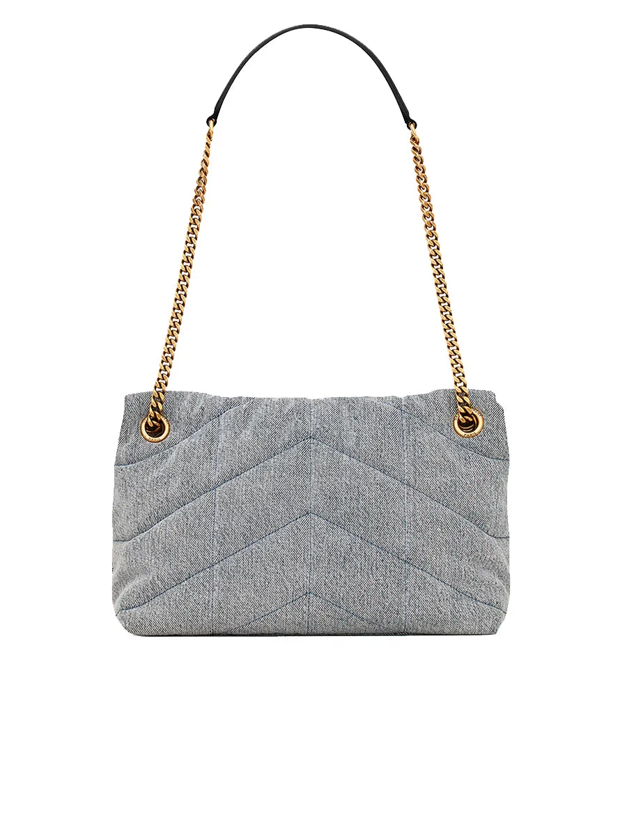 Denim and Smooth Leather Puffer Small Chain Bag