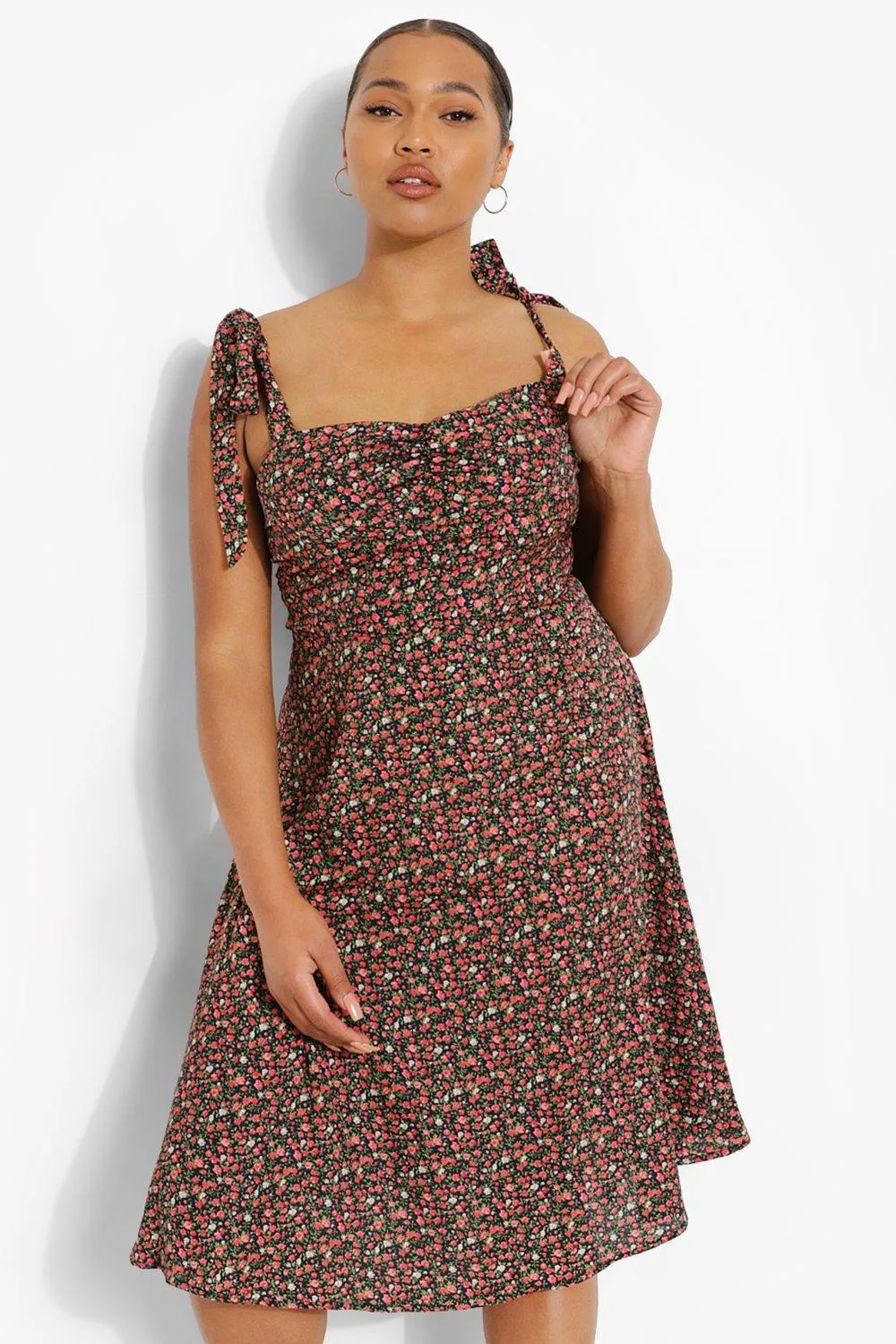 Ditsy Floral Tie Corset Midi Dress Plus Size