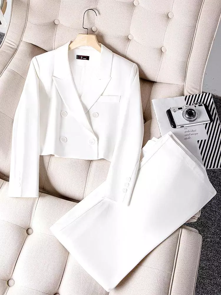 Double-Breasted Women's Crop Blazer Pant Suit.