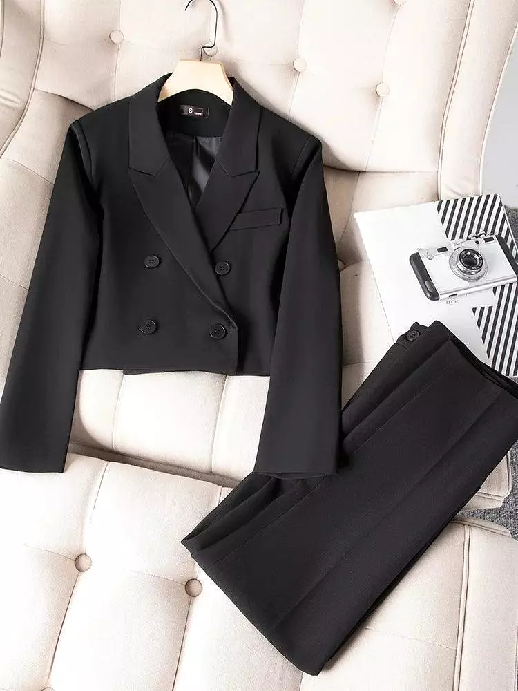 Double-Breasted Women's Crop Blazer Pant Suit.