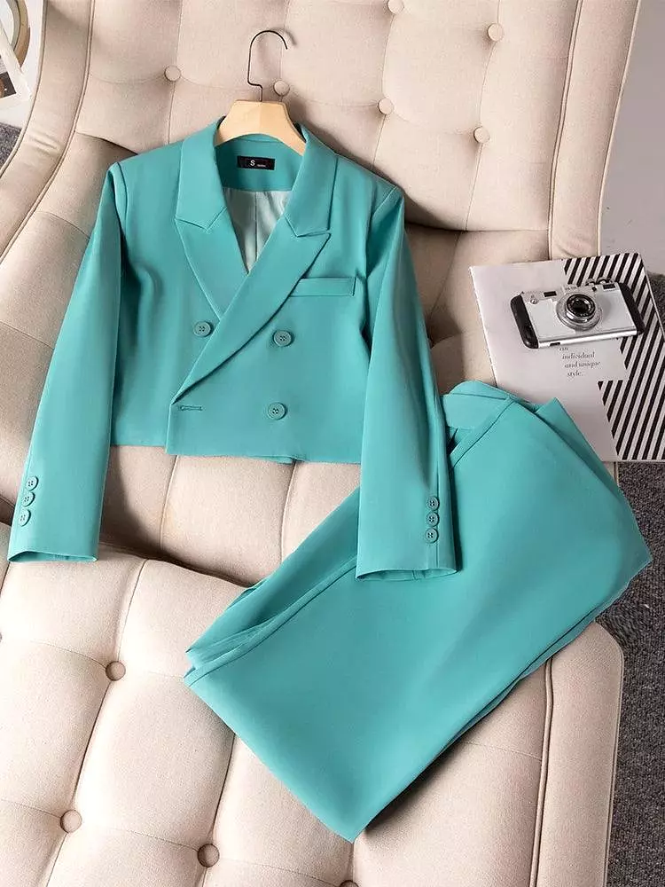 Double-Breasted Women's Crop Blazer Pant Suit.