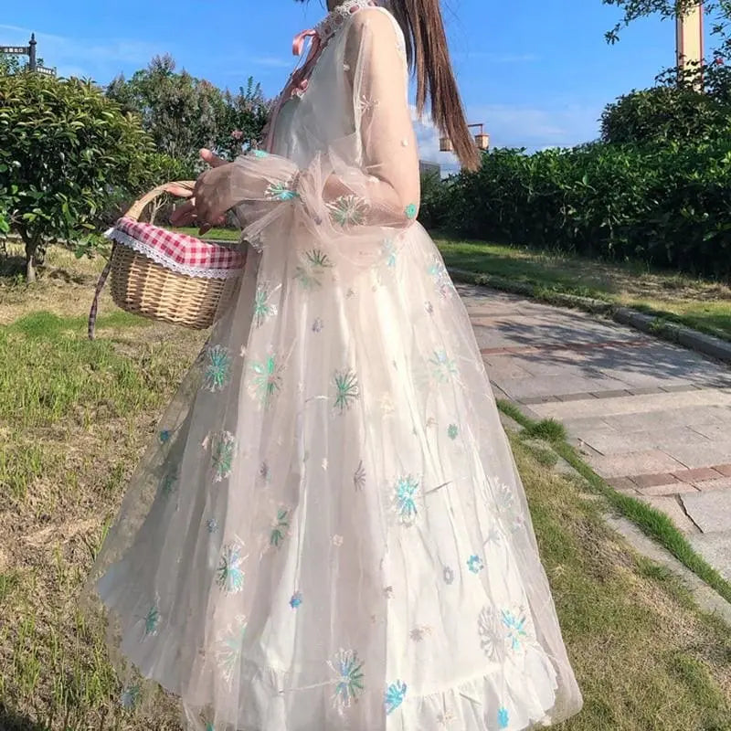 Elegant Fairy Dress with Lolita Embroidery and Shiny Chiffon - MK0829