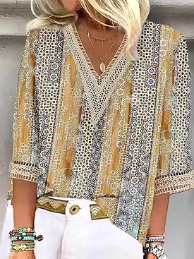 Everyday Chic Lace Shirt Blouse - Graphic Print - V Neck