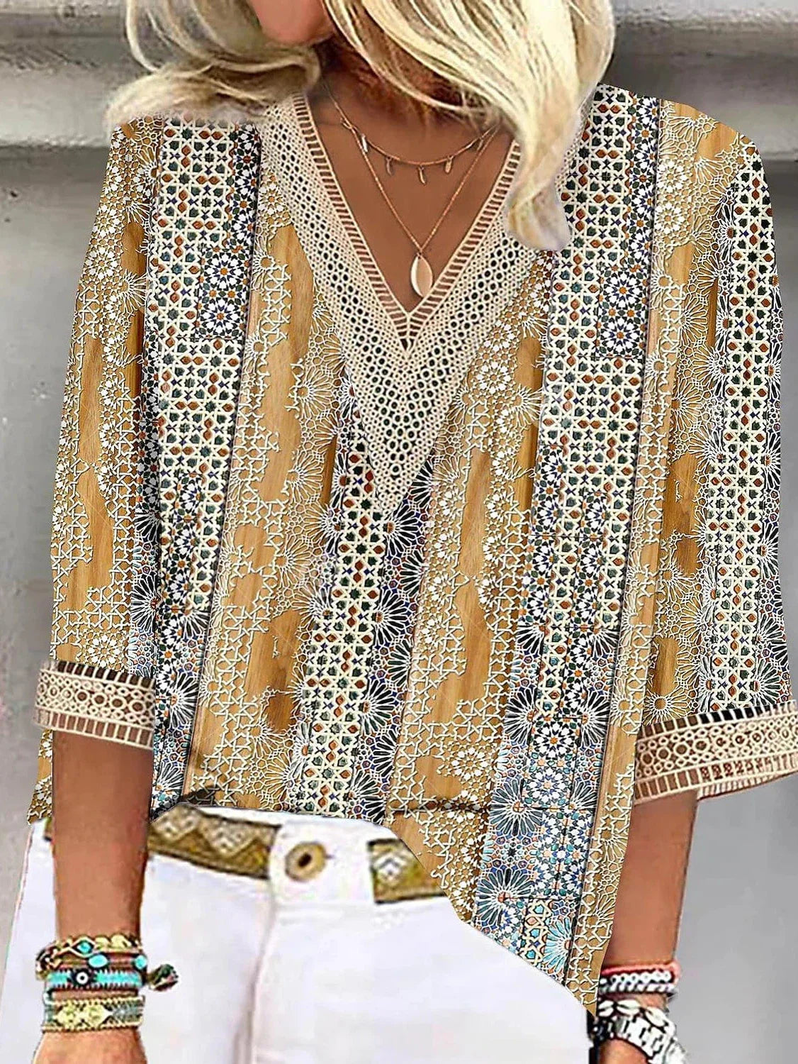 Everyday Chic Lace Shirt Blouse - Graphic Print - V Neck