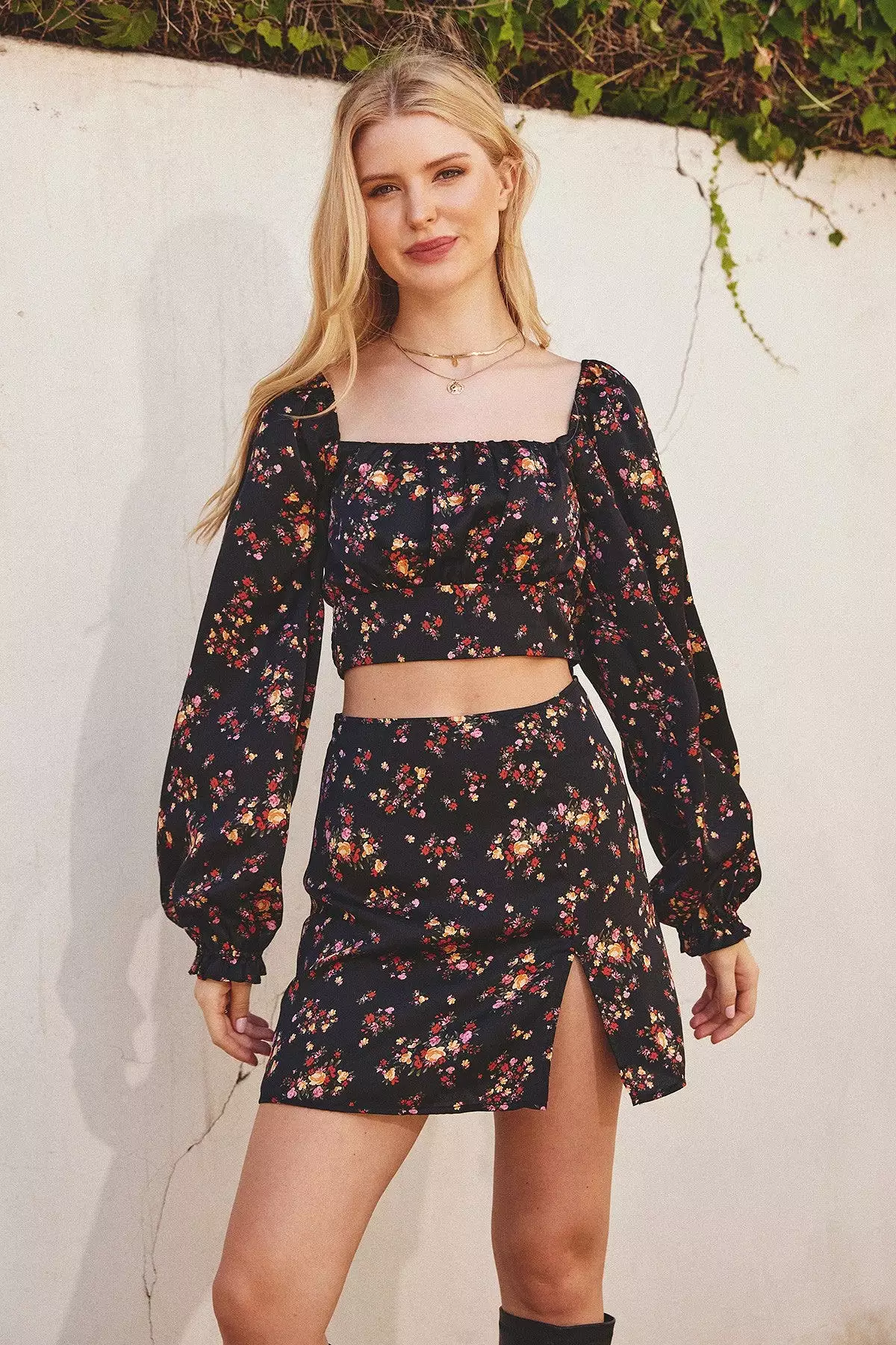 Fall Flower Print Mini Skirt