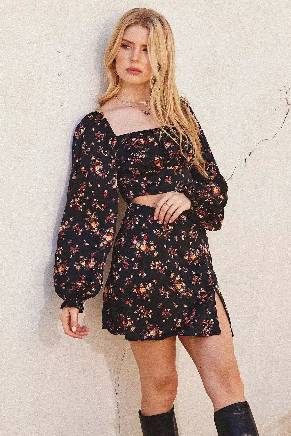 Fall Flower Print Mini Skirt