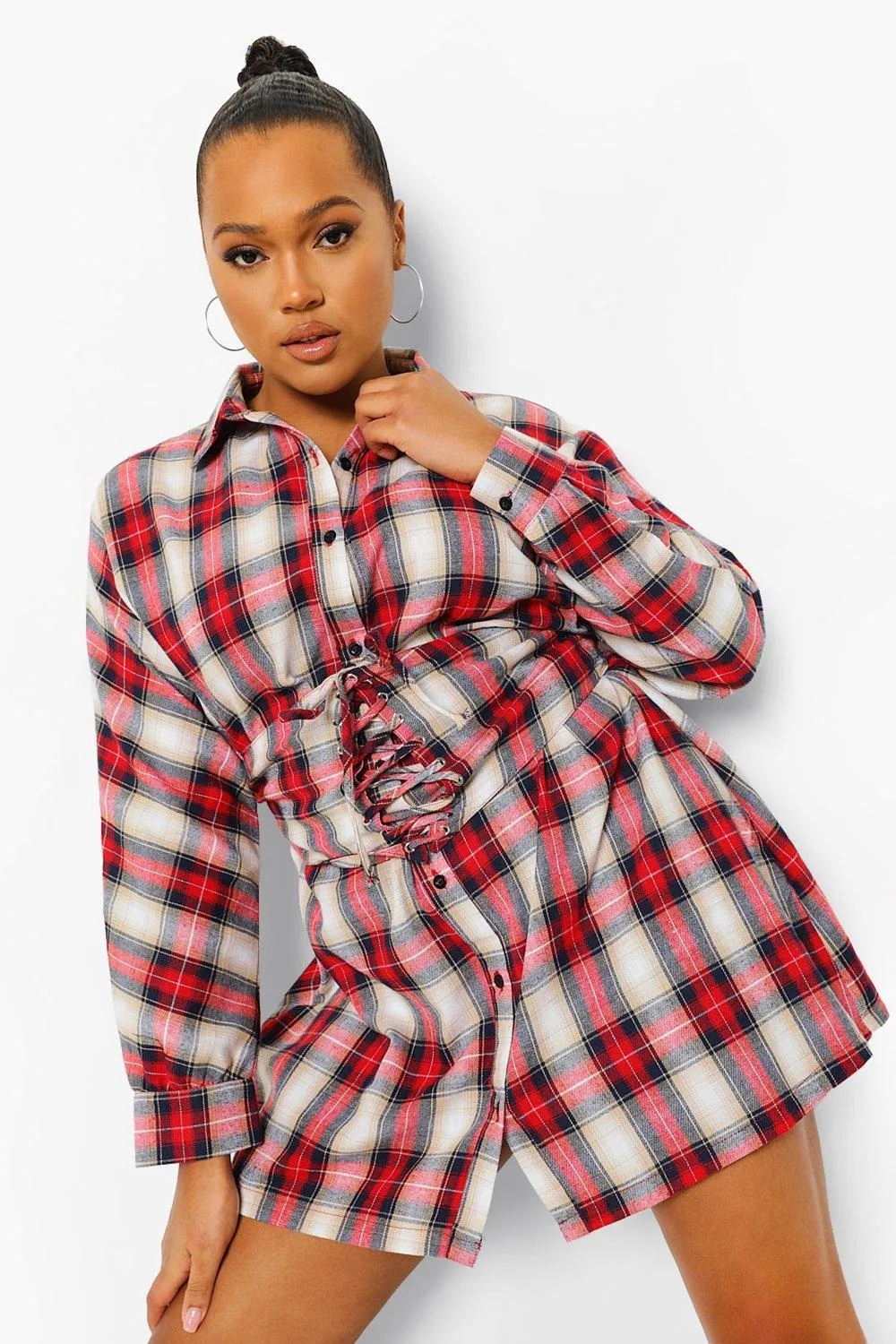 Flannel Corset Waist Shirt Dress Plus Size