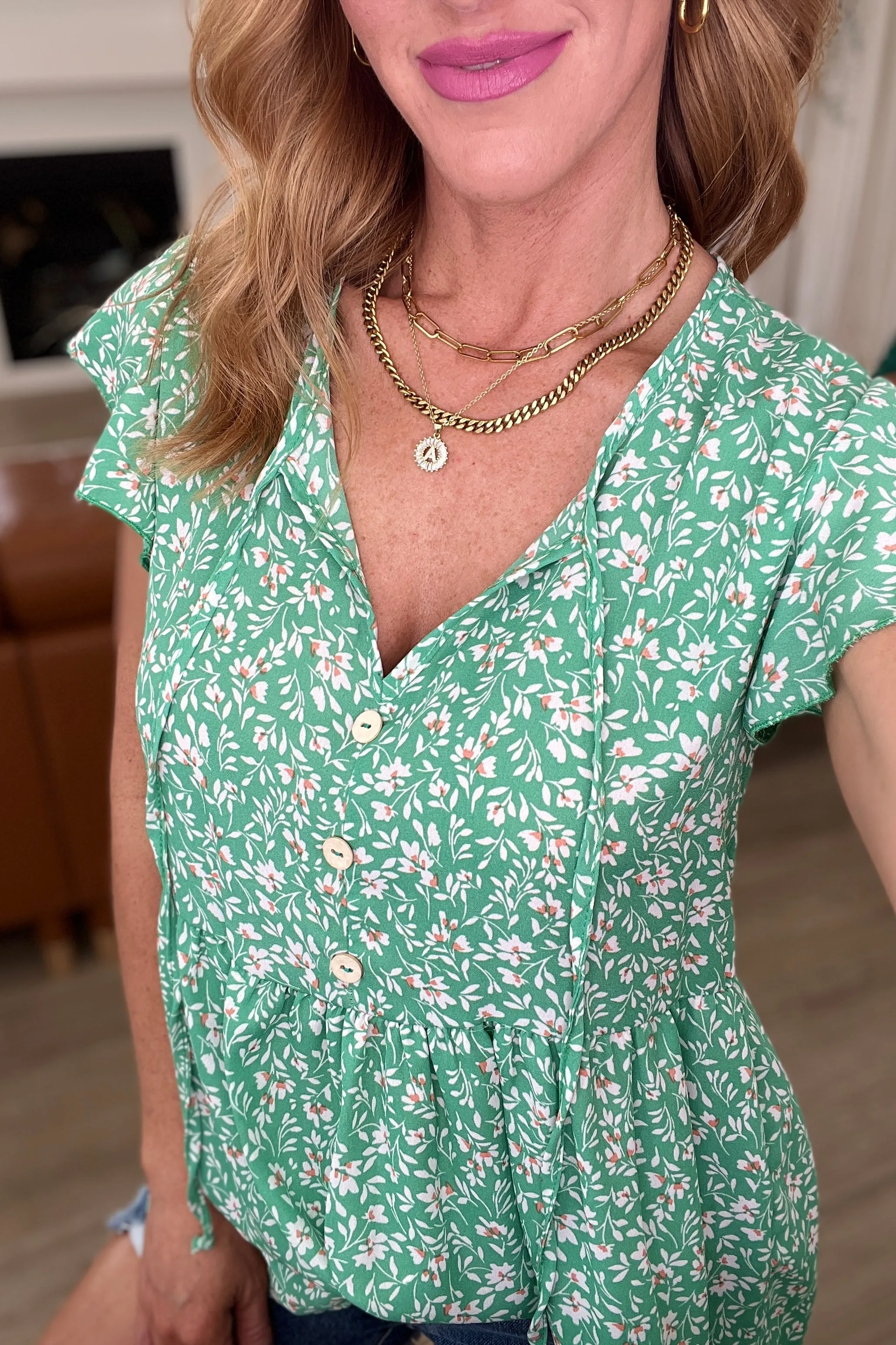 Green Floral Flutter Sleeve Top