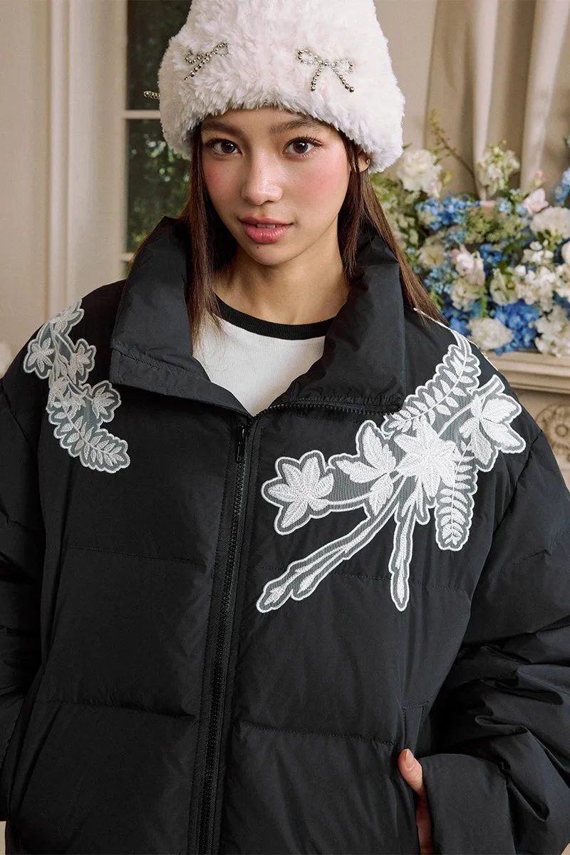 Floral Wreath Lace Embroidered Puffer