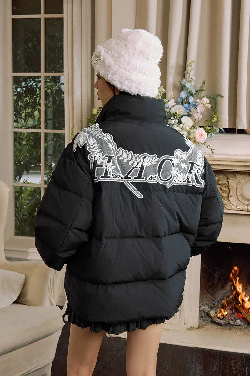 Floral Wreath Lace Embroidered Puffer