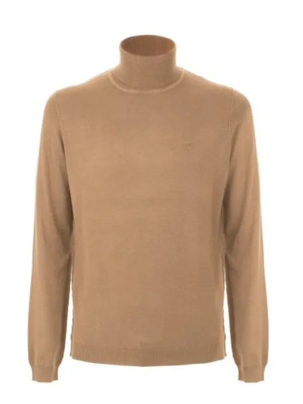 Fred Mello tobacco turtleneck slim fit sweater.