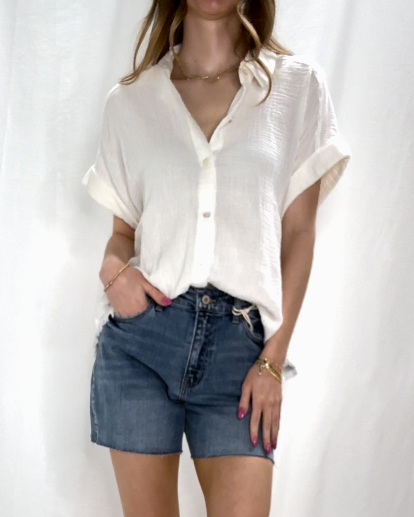 Fringe Hem White Button Down Top