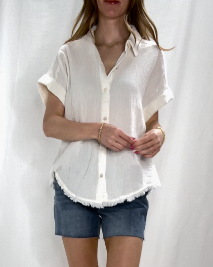 Fringe Hem White Button Down Top