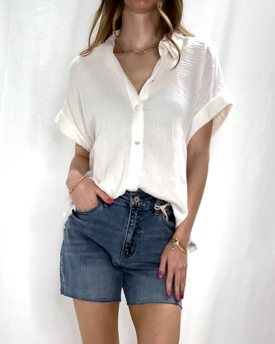 Fringe Hem White Button Down Top