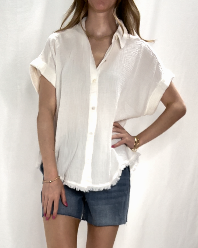 Fringe Hem White Button Down Top