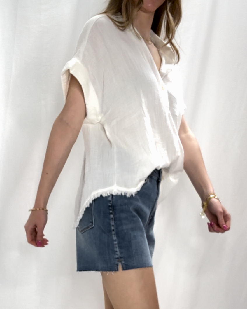 Fringe Hem White Button Down Top