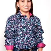 Girl's Navy Button-Up Shirt with Country Harper 1/2 Pattern