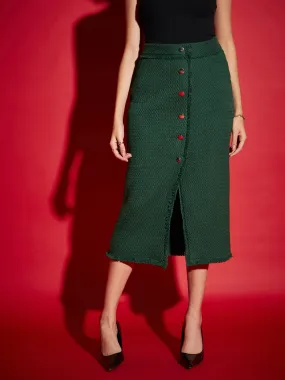 Green Tweed Midi Skirt with Front Button for Women