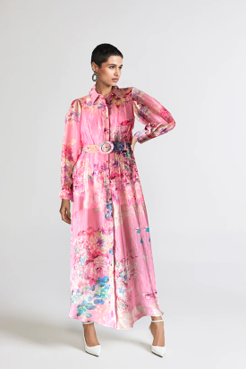 Hemant and Nandita Pink Floral April Long Shirt Dress