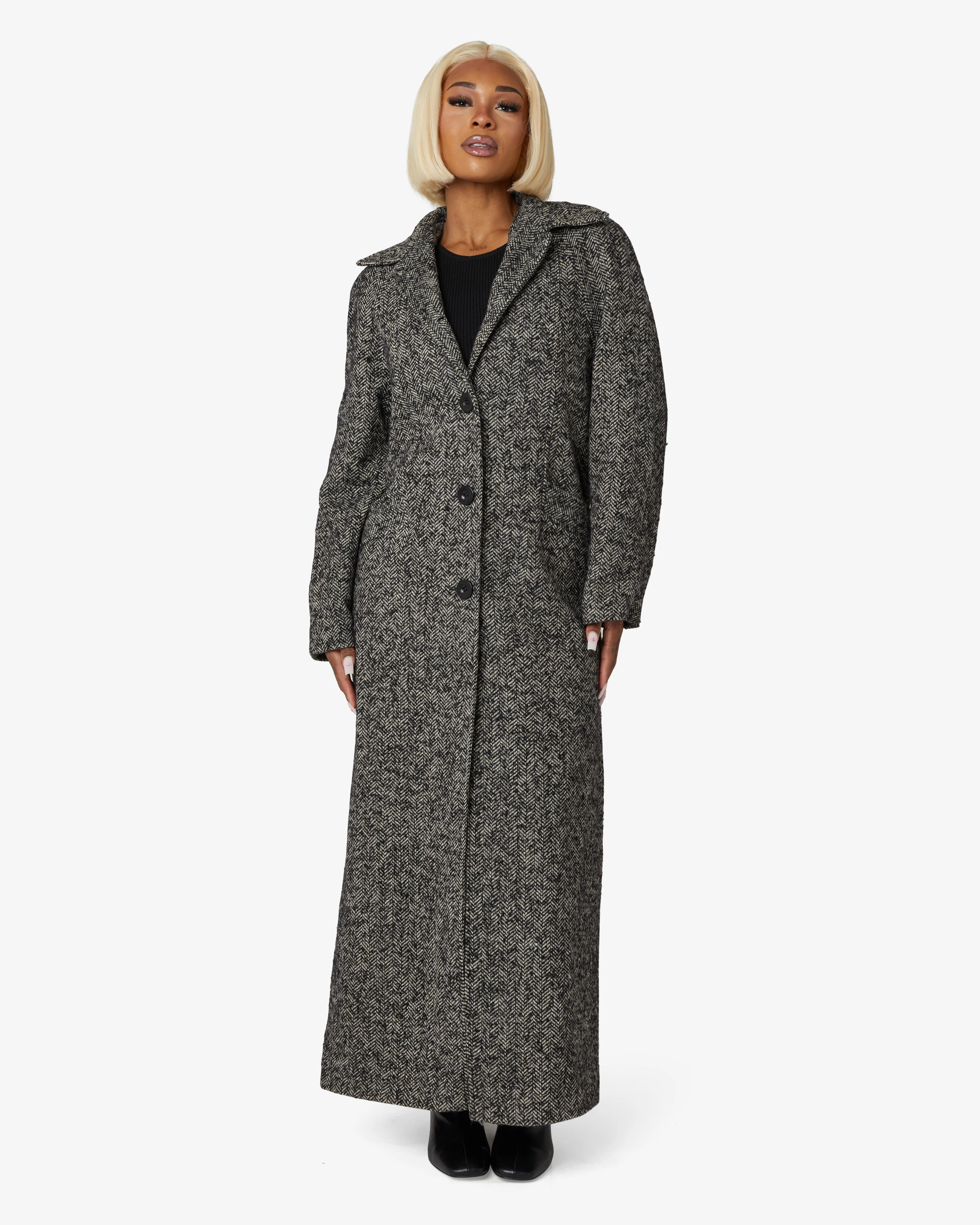 Herringbone Design Single Breasted Longline Coat 1204-HB