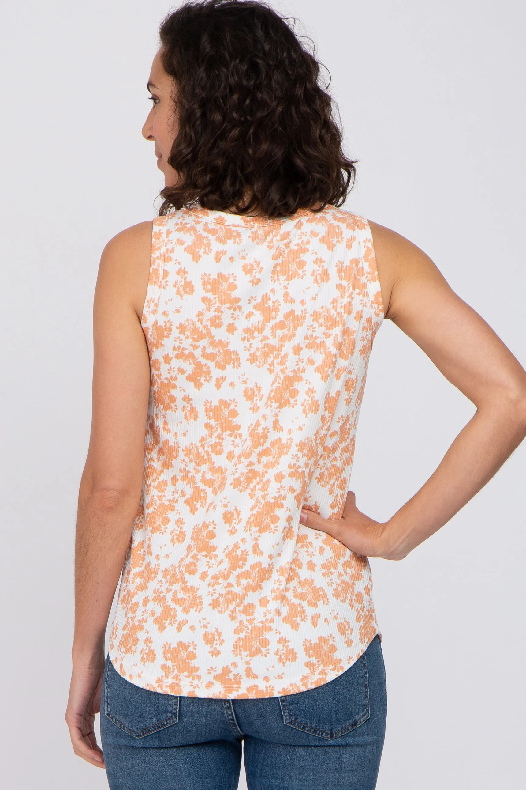 Floral Ivory Peach Ribbed Tank Top