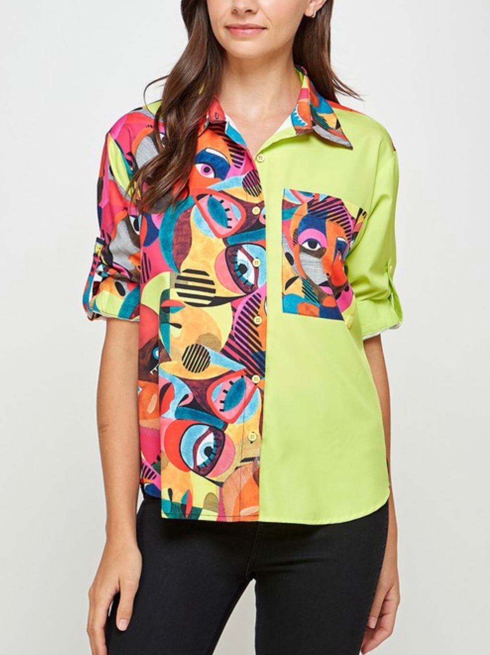 JJ1780 Shirt - Color Block Bottom Down Shirt - Trendy Fashion