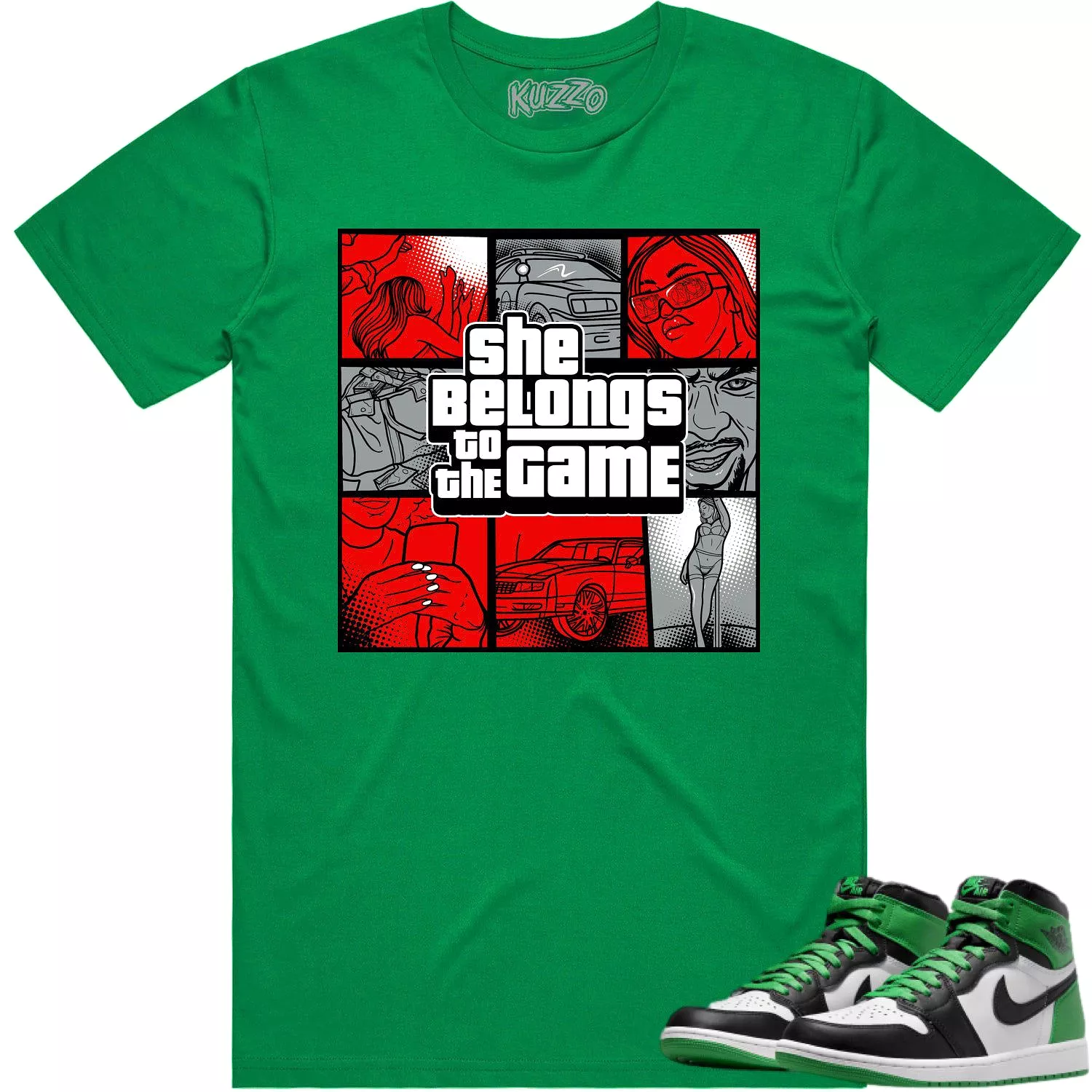 Jordan 1 Lucky Green 1s Shirt - Perfect Match for the Game with Red Color.