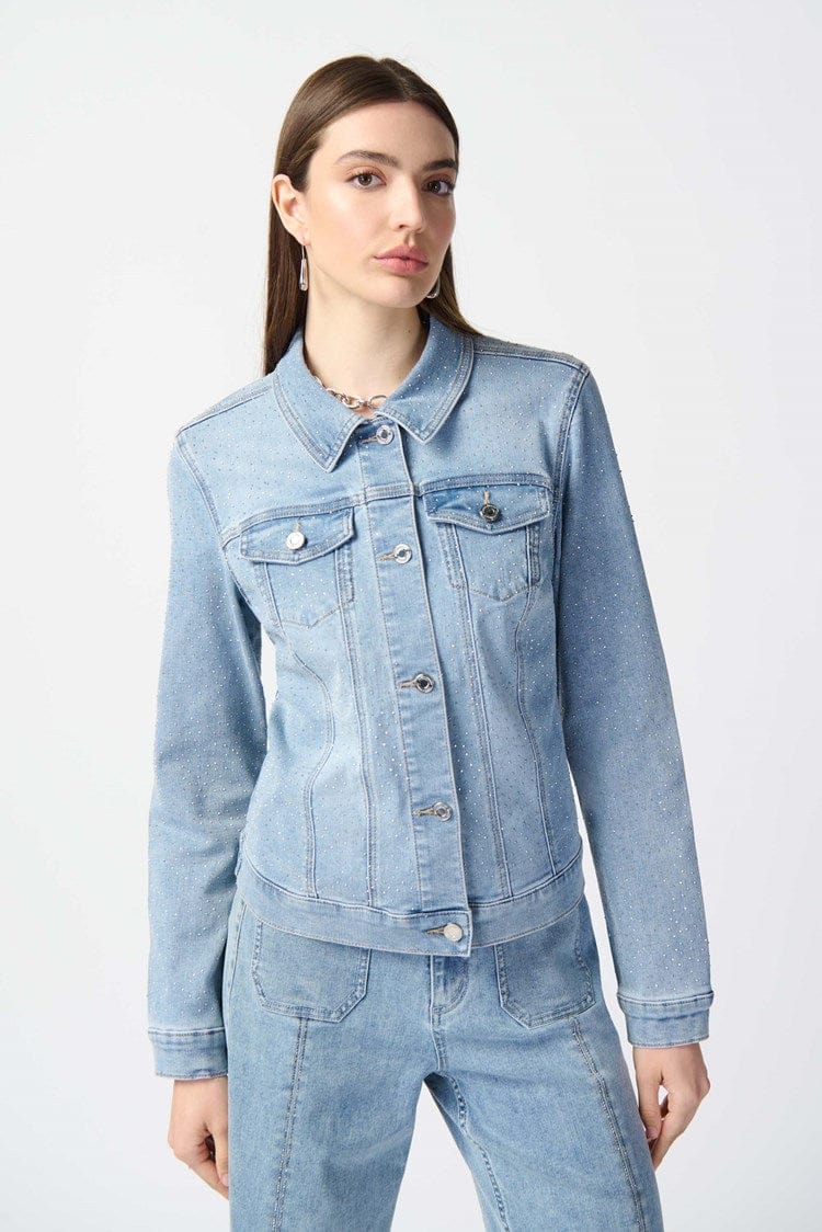 Joseph Ribkoff Denim Jacket - 241914. Fitted Style with Allover Rhinestones. Available in Size T.