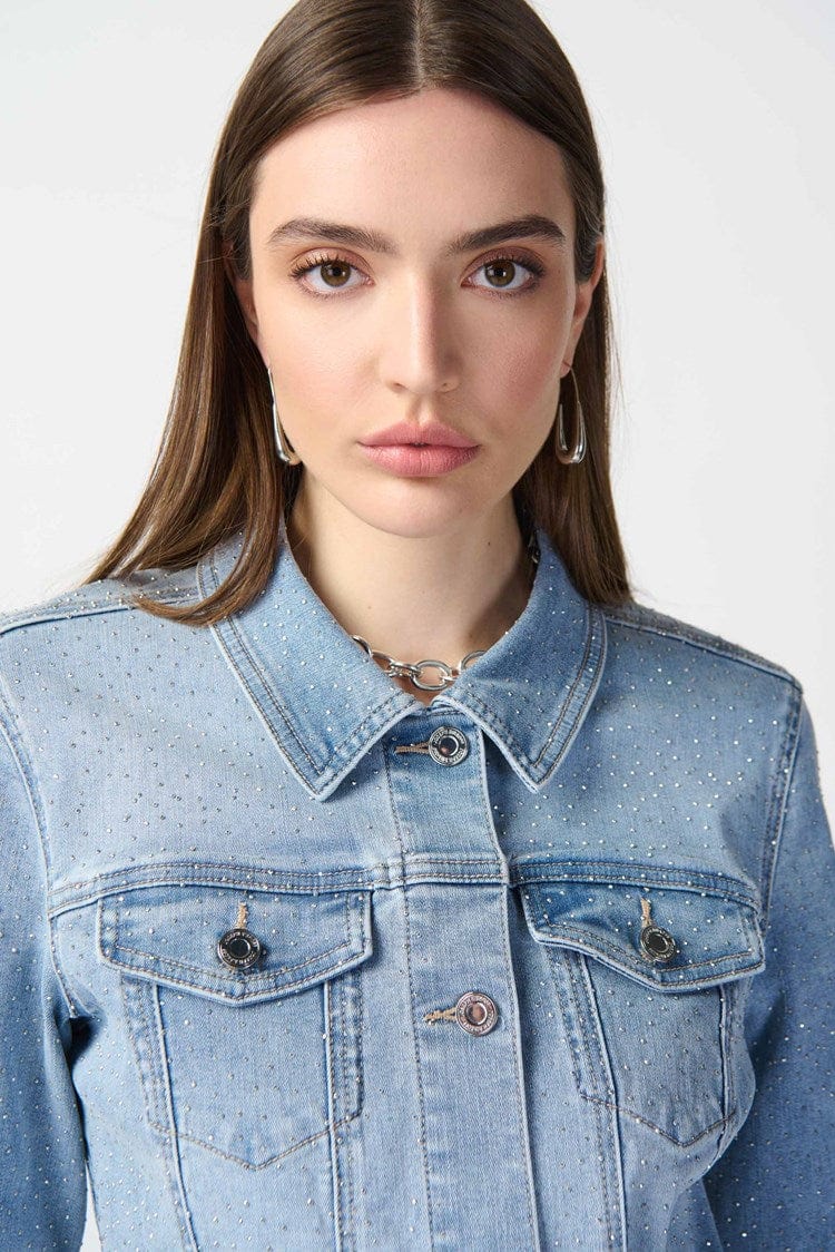 Joseph Ribkoff Denim Jacket - 241914. Fitted Style with Allover Rhinestones. Available in Size T.