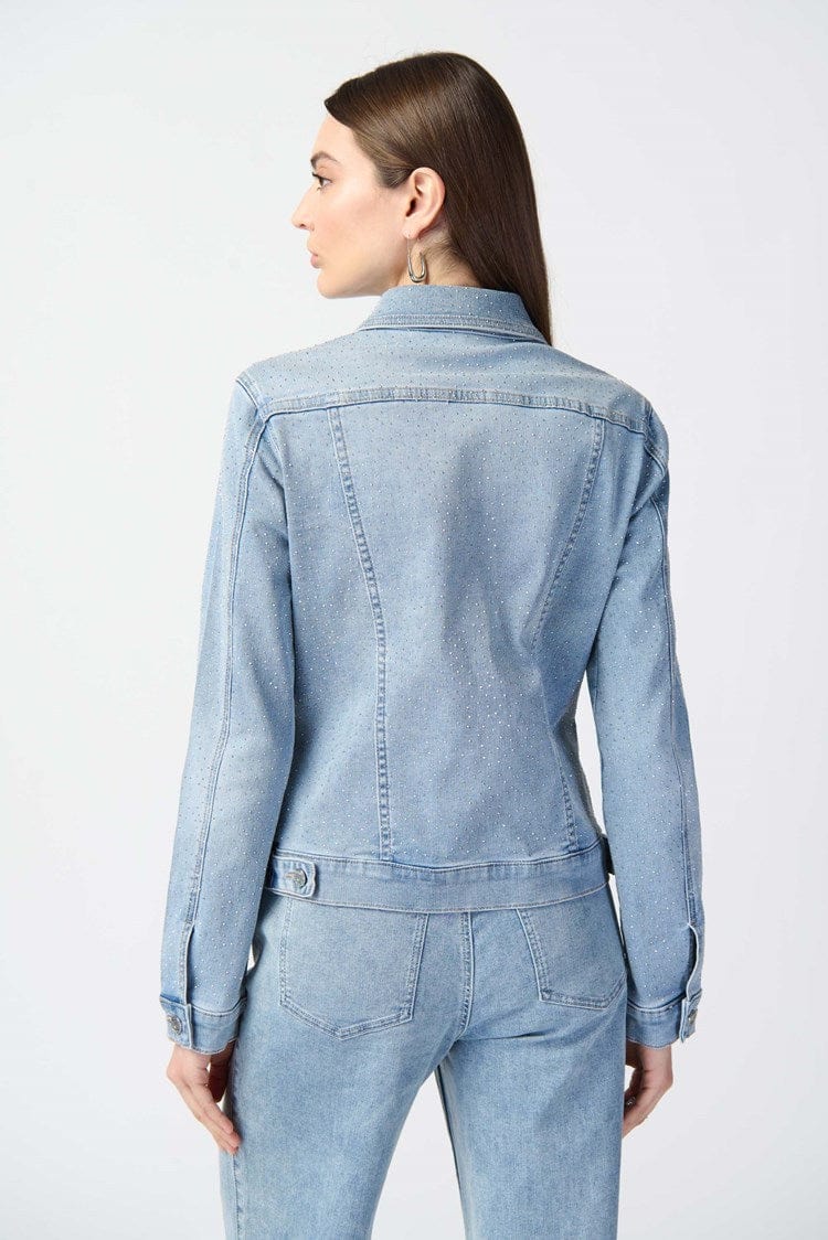 Joseph Ribkoff Denim Jacket - 241914. Fitted Style with Allover Rhinestones. Available in Size T.