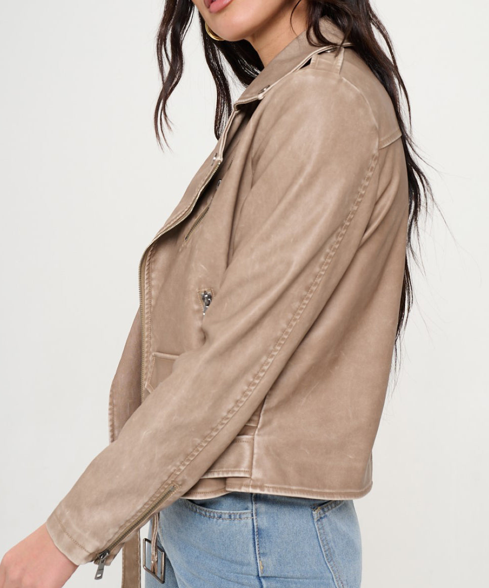 Khaki Vegan Leather Moto Jacket