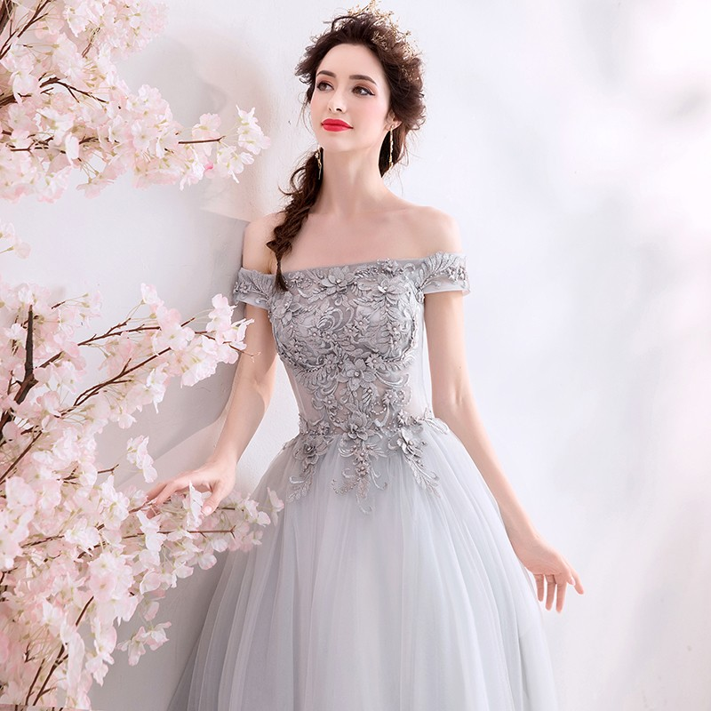 Kimberly grey off shoulder gown