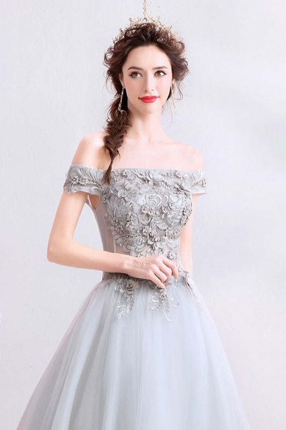 Kimberly grey off shoulder gown