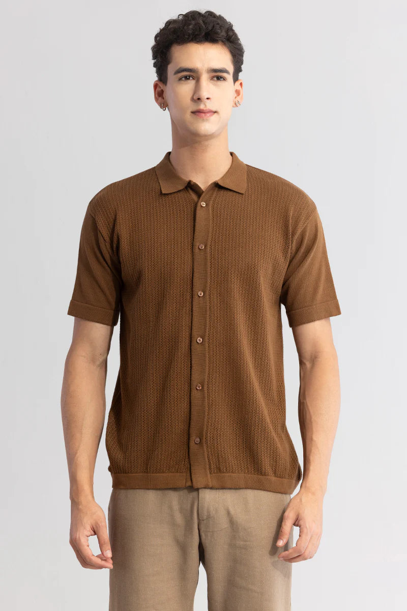 Knit brown shirt with serene elegance.