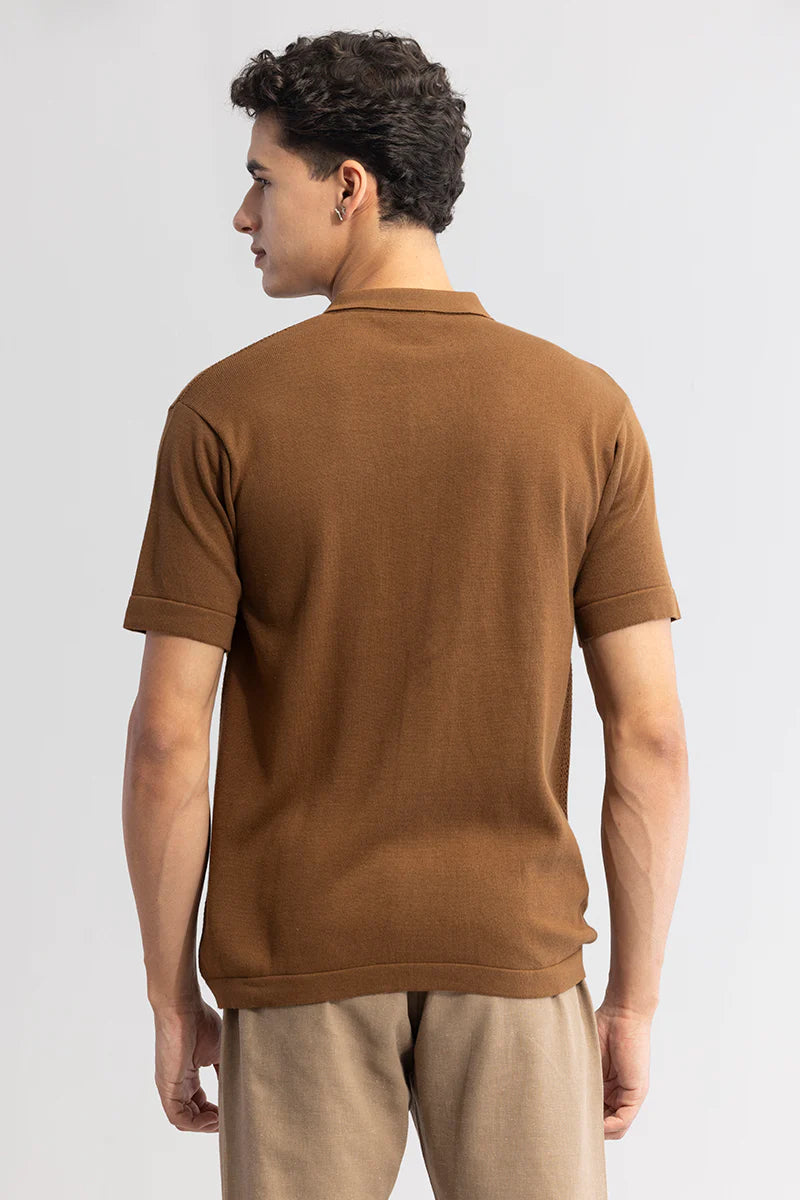 Knit brown shirt with serene elegance.