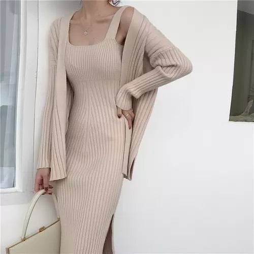 Knitted Midi Dress and Sweater Robe Set