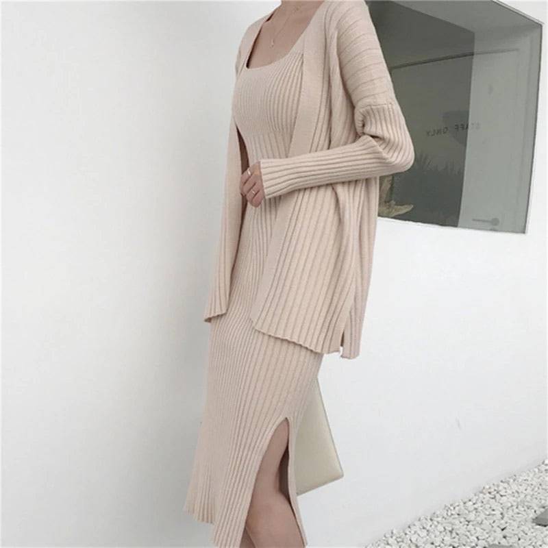 Knitted Midi Dress and Sweater Robe Set