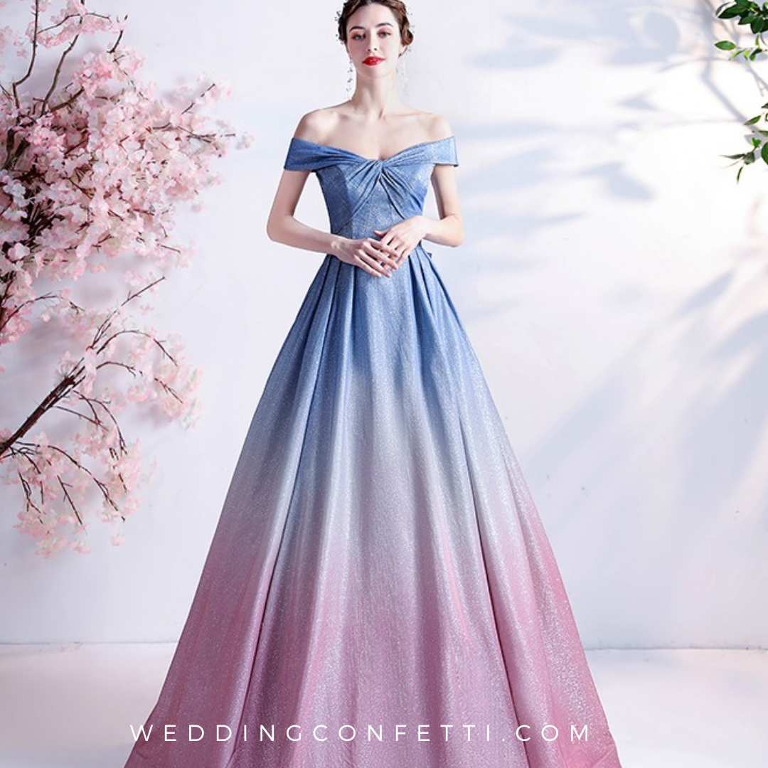 Kyria blue pink ombre gown, off-shoulder design