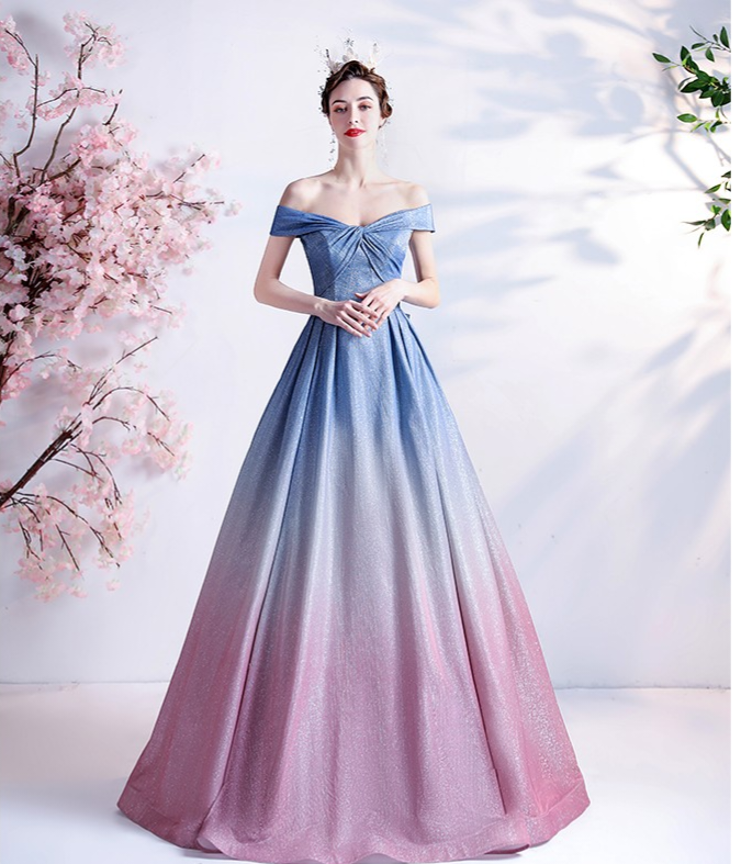 Kyria blue pink ombre gown, off-shoulder design