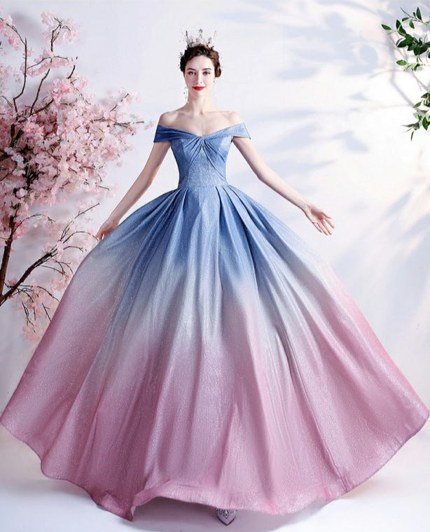 Kyria blue pink ombre gown, off-shoulder design