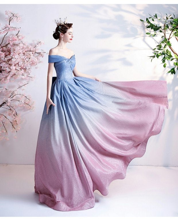 Kyria blue pink ombre gown, off-shoulder design