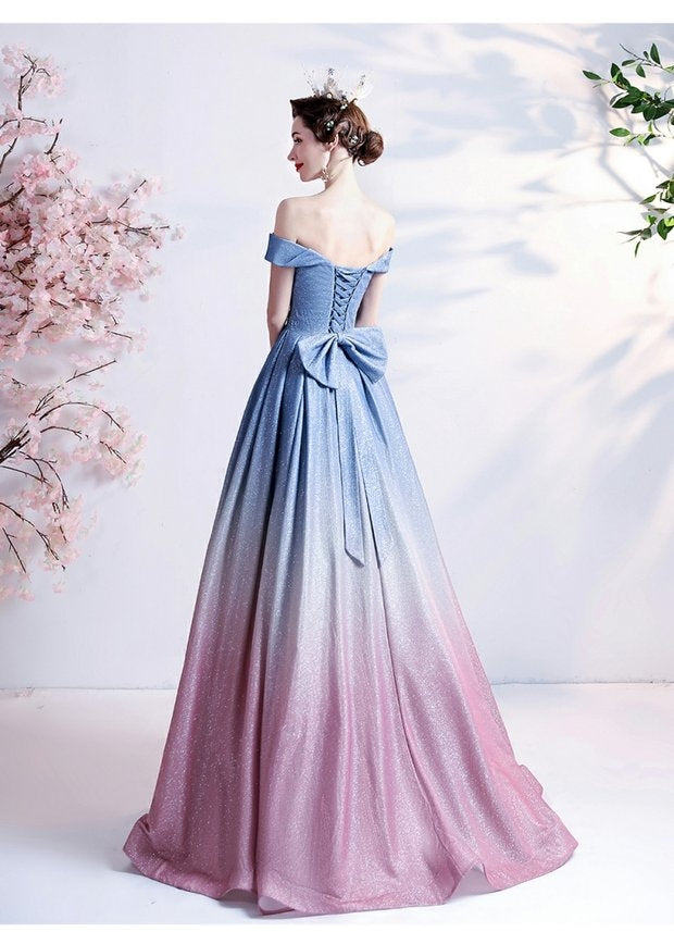 Kyria blue pink ombre gown, off-shoulder design