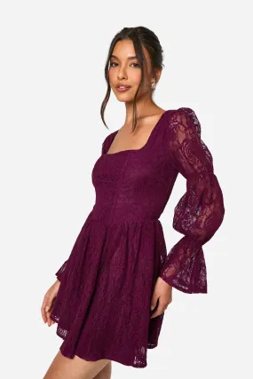 Lace Puff Sleeve Skater Dress Corset