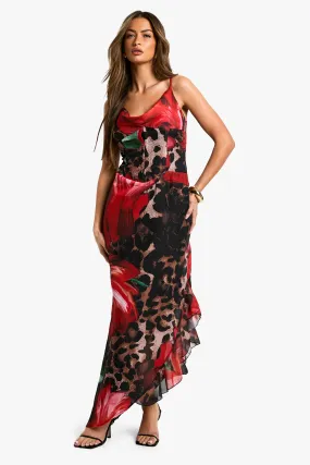 Leopard Flower Mix Chiffon Corset Maxi Dress