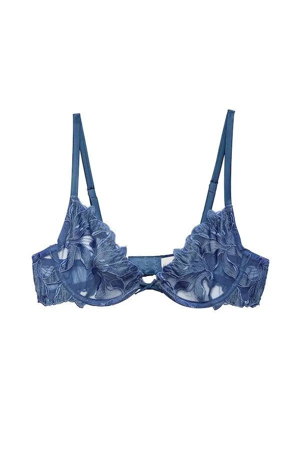 Lily Floral Embroidered Plunge Demi Bra in Spring Denim